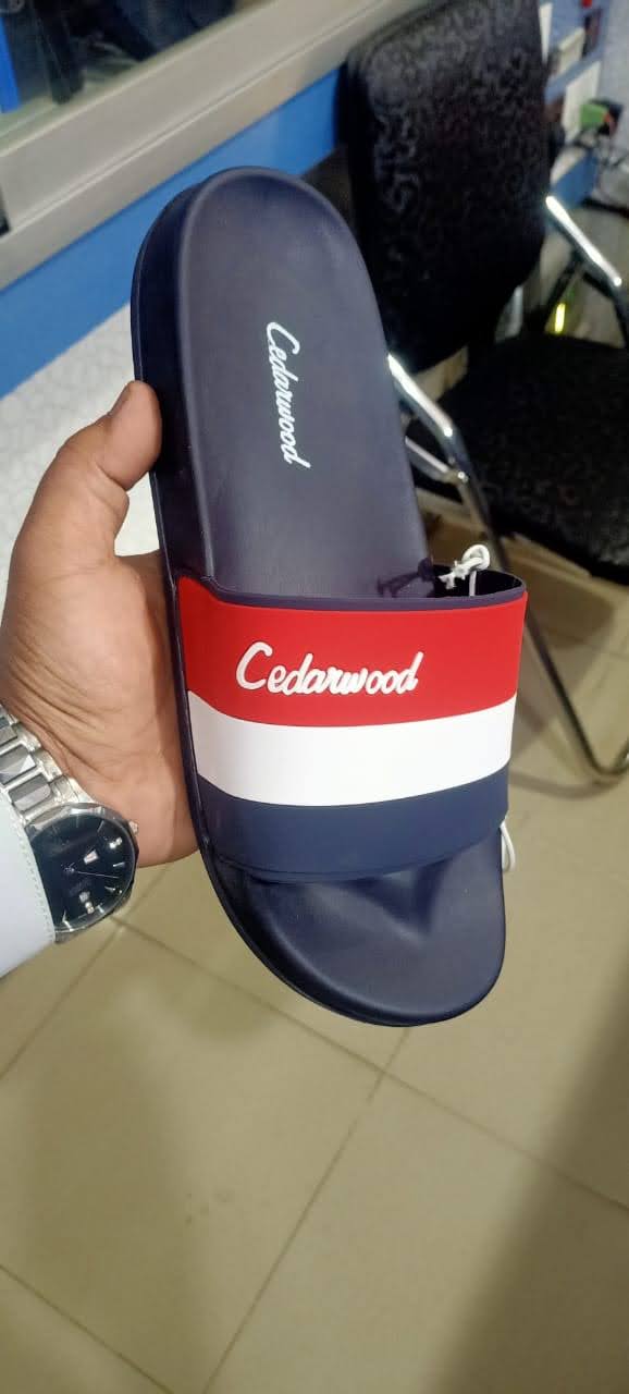Cedarwood navy striped slides
