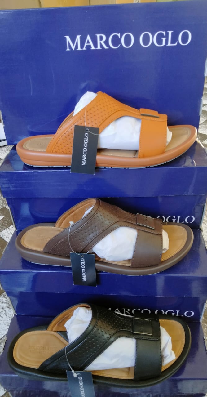 Marco Oglo leather slides — tan, brown and black