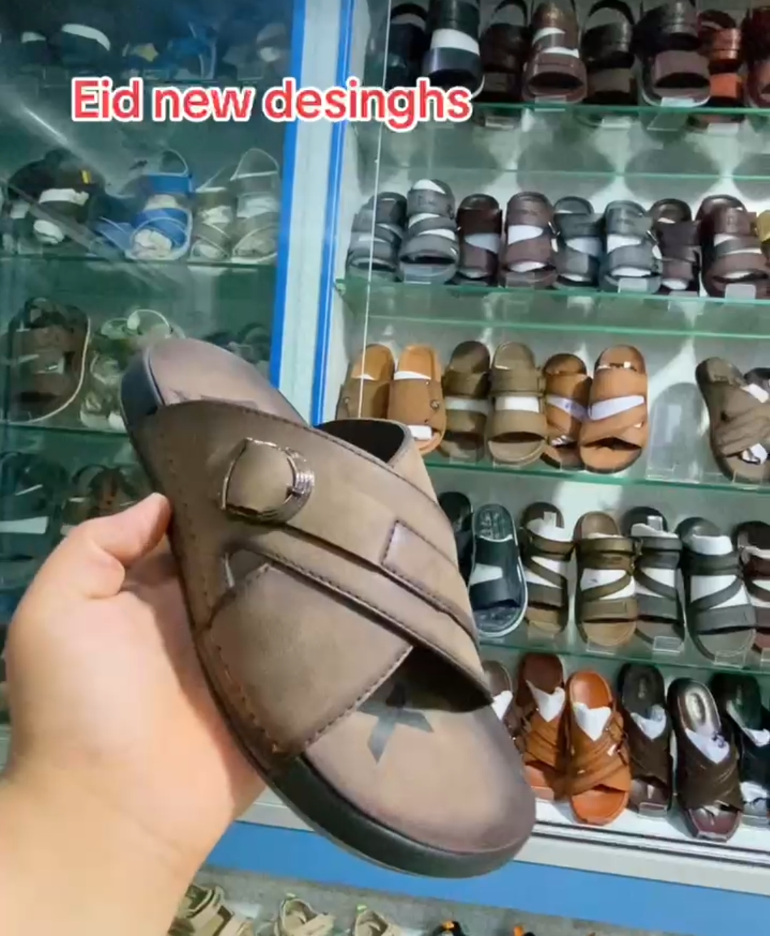 Eid new design — taupe leather slide with metal buckle