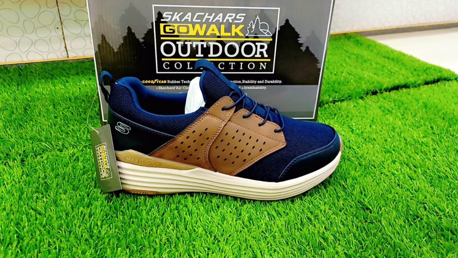 Navy and tan walking sneaker